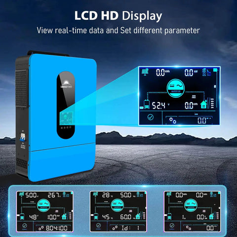 Rock Solid Plug And Play 6500 Watt 48 Volt Pure Sine Wave Split Phase Solar Inverter With Dual Mppt Charge Controller And 140 Amp Battery Charging LCD HD display showing real-time data and settings.