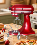 Red KitchenAid stand mixer with attached whisk and detached Dough Hook For KitchenAid Stand Mixers 4.5Qt And 5Qt Stainless Steel Attachment.