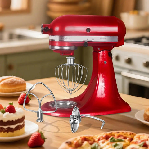 Red KitchenAid stand mixer with attached whisk and detached Dough Hook For KitchenAid Stand Mixers 4.5Qt And 5Qt Stainless Steel Attachment.
