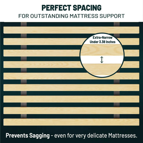 Replacement Wooden Twin Bed Slats For Mattress Support - Fabric Sleeve Locks Down Slat Spacing For Dead Simple Setup - Low Profile Bed Frame Foundation That Holds Tight with perfect slat spacing.