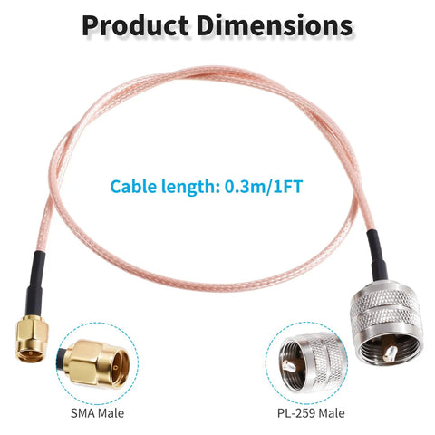 SMA Male To PL 259 Male Coax Cable 1 Foot RG316 50 Ohm Antenna Adapter showing connectors and 1ft length