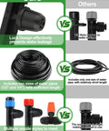 Comparison of 207Ft Automatic Drip Irrigation Kit With Water Timer For Greenhouse And Garden and other drip kits, showing nozzles and tubing sizes.