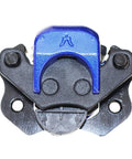 Close-up of blue rear and front hydraulic brake assembly kit bolt on with caliper master cylinder for go kart ATV.