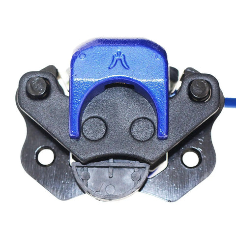 Close-up of blue rear and front hydraulic brake assembly kit bolt on with caliper master cylinder for go kart ATV.