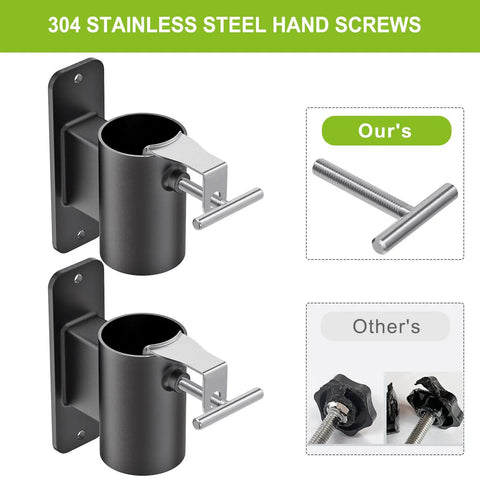 Go-To Heavy Duty Deck Rail Umbrella Holder with 304 stainless steel hand screws, includes two black flat mount brackets.