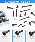 Heavy Duty Black Wood Screws Assortment Kit 485 Piece Self Tapping Set featuring various sizes of black zinc screws in storage box.