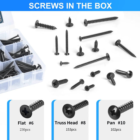 Heavy Duty Black Wood Screws Assortment Kit 485 Piece Self Tapping Set featuring various sizes of black zinc screws in storage box.