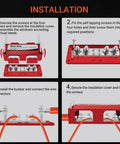 Installation steps for Kickass Heavy Duty 450A 48V DC Bus Bar Kit with connectors and screws in a detailed guide layout.
