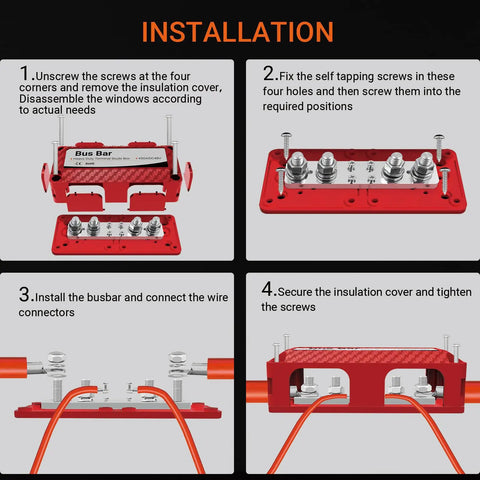 Installation steps for Kickass Heavy Duty 450A 48V DC Bus Bar Kit with connectors and screws in a detailed guide layout.