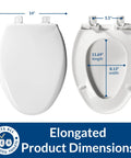 Commercial Heavy Duty Elongated Toilet Seat With White Cover And No Slam Seat Built Different For Busy Public Washrooms Featuring Grip Tight Bolts For Zero Drama Installation Made In Usa dimensions shown.