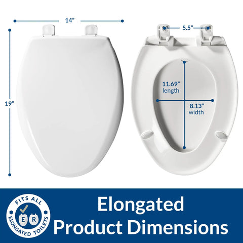 Commercial Heavy Duty Elongated Toilet Seat With White Cover And No Slam Seat Built Different For Busy Public Washrooms Featuring Grip Tight Bolts For Zero Drama Installation Made In Usa dimensions shown.