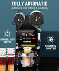 Fully Automatic Cup Sealing Machine 90 To 95mm Electric Sealer With Digital LCD Control Panel for Bubble Tea and Coffee Black 500 To 600 Cups Per Hour One Pass Operation showing cup sealing process with LCD and manual/auto switch.