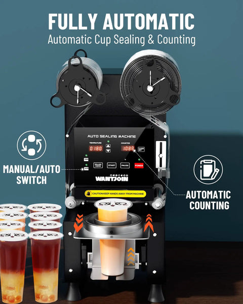 Fully Automatic Cup Sealing Machine 90 To 95mm Electric Sealer With Digital LCD Control Panel for Bubble Tea and Coffee Black 500 To 600 Cups Per Hour One Pass Operation showing cup sealing process with LCD and manual/auto switch.