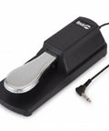 Close-up of 6.35mm Sustain Pedal For Keyboards And Digital Pianos With Polarity Switch, Anti Slip Rubber Bottom, And 5.9 Ft Cable, black body