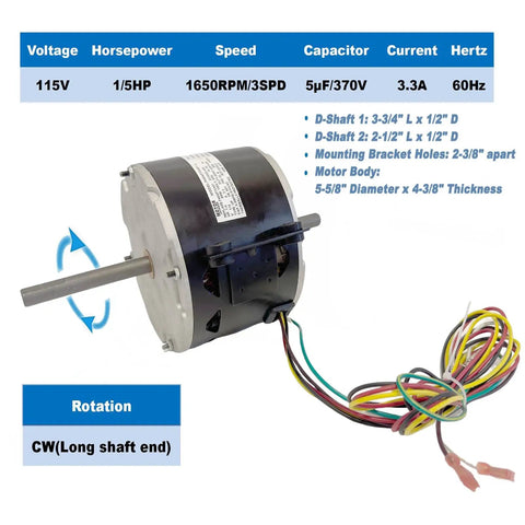 AC Condenser Fan Motor Replacement One Fifth HP 1650RPM 3 Speed For Dometic Brisk Air II Penguin Units with specifications shown.