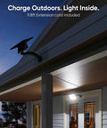 Solar Security Light With Motion Sensor 1000 Lumen 48 LED IP65 Waterproof Outdoor Floodlight on porch with separate solar panel.
