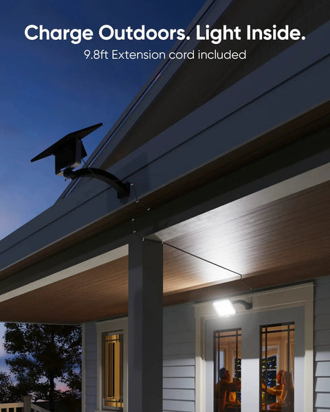 Solar Security Light With Motion Sensor 1000 Lumen 48 LED IP65 Waterproof Outdoor Floodlight on porch with separate solar panel.