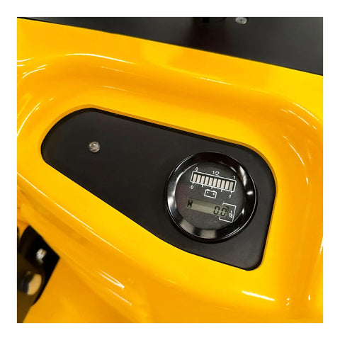 Control panel of Fully Electric Thin Leg Pallet Stacker With 130 Inch Height Capacity And 3307 Pound Payload showing battery level.