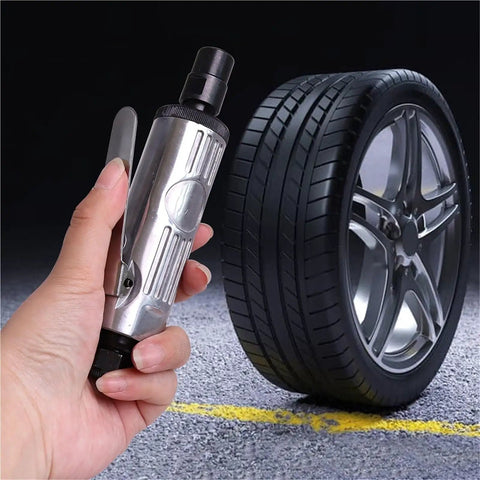 Amp Up Your Shop with This Hot Pneumatic Die Grinder featuring lightweight design, held in hand with a tire in background.
