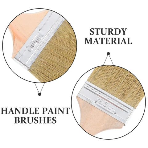 Close-up of Wood Handle Paint Brush Set, 3 Pack Flat Stain Brushes For Furniture And Wood, durable bristles and wood handle.
