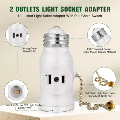 Image showing Two Outlet E26 Socket Adapter Set With Pull Chain Switch Converts Medium Screw Socket To Dual Outlets UL Listed White