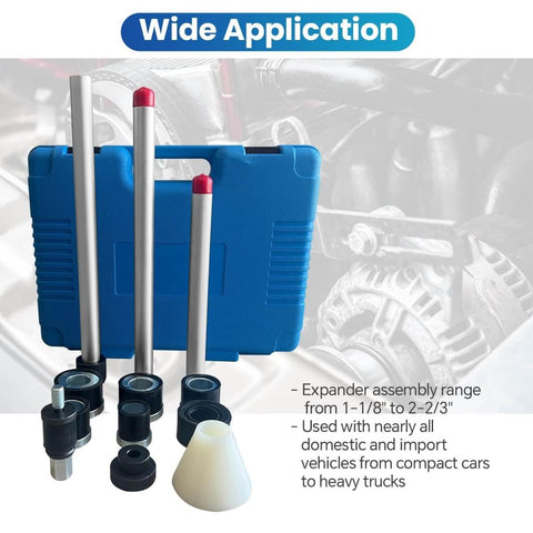 Cam Bearing Removal And Installation Tool Set With One And One Eighth Inch To Two And Two Thirds Inch Adapters for Most Vehicles displayed with blue case and adapters.