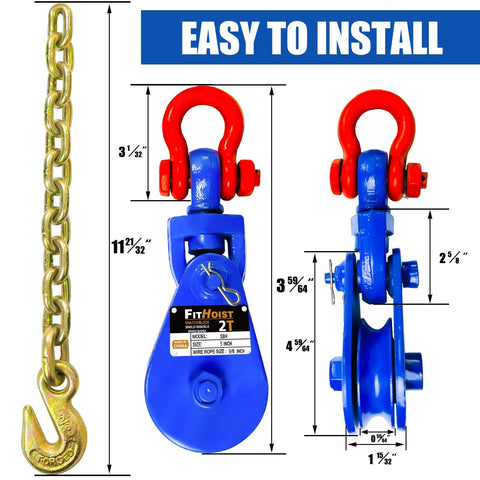 2 Ton Snatch Block With G80 Chain For Three Eighths Inch Wire Rope, 3 Inch Sheave, Beefed Up Heavy Duty Recovery Block