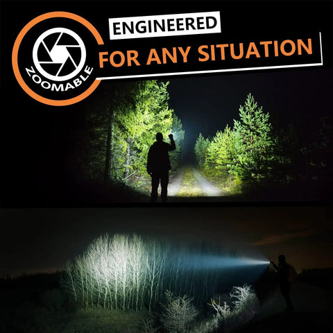 Person using Rechargeable LED Flashlight 20000 Lumen XHP70 Quad Core Handheld Torch in forest, highlighting its long-range beam capabilities.