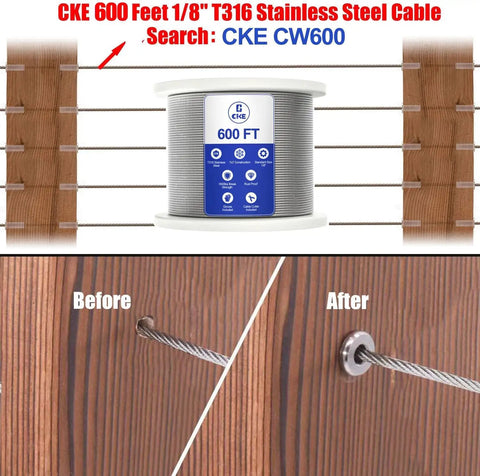 Stainless Steel Protector Sleeve For Cable Railing System One Eighth Inch Wire Rope Kit 100 Pack For Wood Posts Diy Deck Balustrade Protective Sleeve With Drill Bit shown installed on wood post