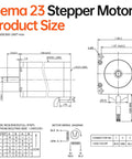 NEMA 23 stepper motor size diagram showing side and front views with dimensions, mounting holes and wiring diagram