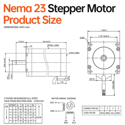 NEMA 23 stepper motor size diagram showing side and front views with dimensions, mounting holes and wiring diagram
