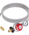 GASPRO propane regulator with 12 ft braided hose, gauge, red dial, brass fittings