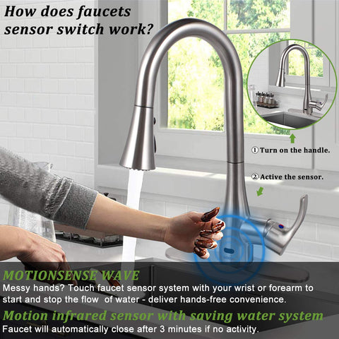 Touchless Kitchen Faucet With Sensor, Pull-Down Sprayer in brushed nickel, showing sensor activation with hand motion