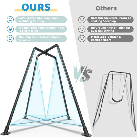 Comparison of sturdy heavy duty swing frame stand with 4-point stability vs unstable structure without ground anchor.