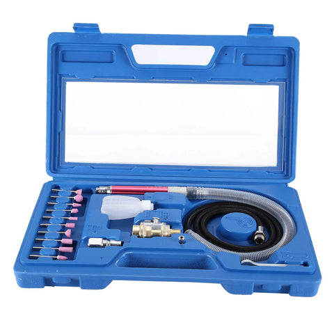 Built Like A Tank Pneumatic Die Grinder With 58000RPM High Speed Air Angle Motor And Buttery Smooth Polish Engraver For Metal Wood Stone Chamfering Features accessory kit in blue case.
