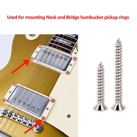 Heavy Duty Nickel Humbucker Pickup Frame Mounting Screws For Gibson Les Paul and SG Guitars shown mounting pickup rings.