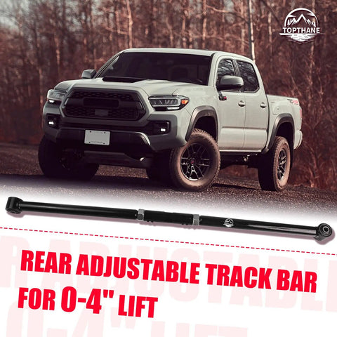 0 To 4 Inch Lift Rear Adjustable Track Bar Panhard Rod For 4Runner, FJ Cruiser, GX470, GX460 Beefed Up Heavy Duty Off Road Upgrade For Stronger Alignment And Smoother Handling, black steel rear bar shown with lifted truck