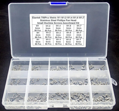 750-Piece Bulk Metric M1 To M1.7 Stainless Steel Phillips Pan Head Small Machine Screws Kit in open storage case