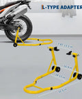 900 Lbs Front And Rear Universal Motorcycle Stand Lift For Most Sport And Dirt Bikes Yellow Portable Bike Stand With Adjustable Brackets Fits Yamaha Honda Kawasaki Suzuki BMW And More displaying side view with dimensions.