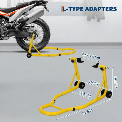 900 Lbs Front And Rear Universal Motorcycle Stand Lift For Most Sport And Dirt Bikes Yellow Portable Bike Stand With Adjustable Brackets Fits Yamaha Honda Kawasaki Suzuki BMW And More displaying side view with dimensions.
