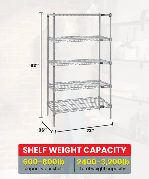 Rock Solid Five Shelf Stainless Steel Wire Shelving Unit Heavy Duty Adjustable Storage Rack commercial grade 36x72x63 inches with capacity details.