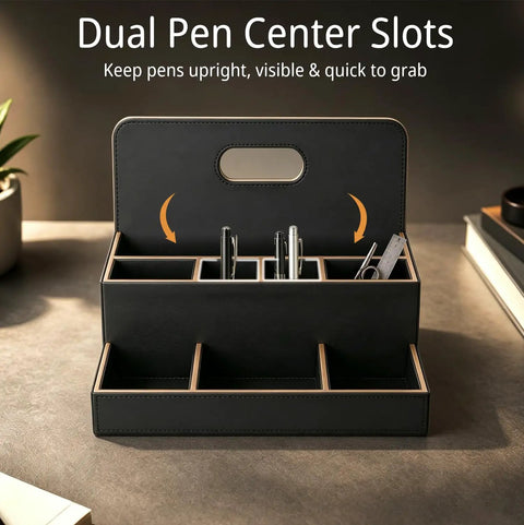 Eight Compartment Desk Organizer And Mail Holder with dual pen center slots on a countertop, suitable for office essentials organization