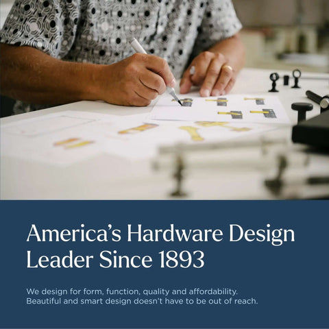 Designer sketching hardware designs, America's Hardware Design Leader Since 1893, emphasizing quality and affordability.