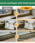 Before and after comparison of Clear 34oz Waterproof Sealant Water Based Leak Proof Coating on window seal, toilet base, and shower door.