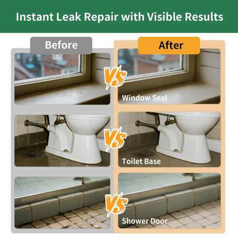 Before and after leak repair images of window seal, toilet base, and shower door using Transparent Waterproof Sealant Self Leveling Clear Coating Knock Out Roof Leaks And Gutters Water Based Brush On Membrane No Fuss Quick Cure Protection 68 Ounce Tub.