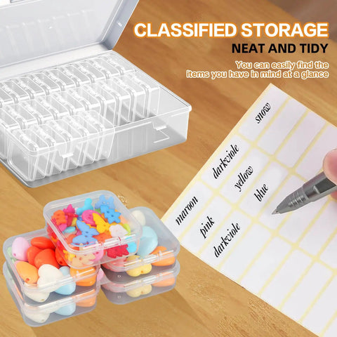 Large Bead Organizer Box With Thirty One Mini Clear Storage Compartments Hinged Lid Craft Box For Beads Jewelry Findings Screws And Small Parts Includes Sixty Six Label Stickers, showing open box with compartments and colorful beads, label sheet.