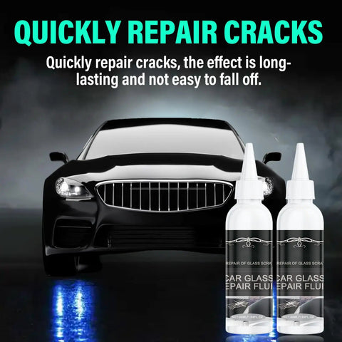 2 Pack Windshield Crack Repair Kit With 2026 Upgraded Glass Repair Fluid bottles in front of a car, demonstrating use for glass repair.
