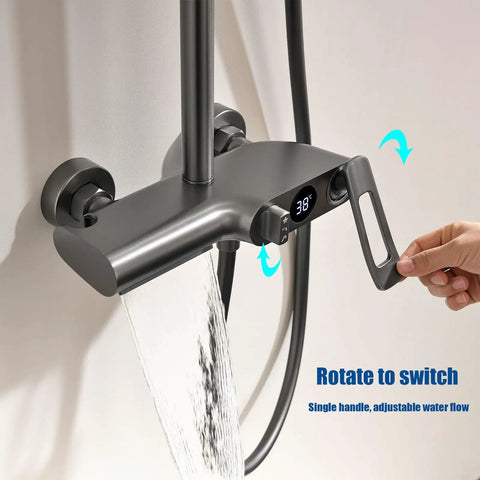 RIBEUJIZS Shower System, modern single handle faucet with LED display, adjustable water flow, shower set detail.