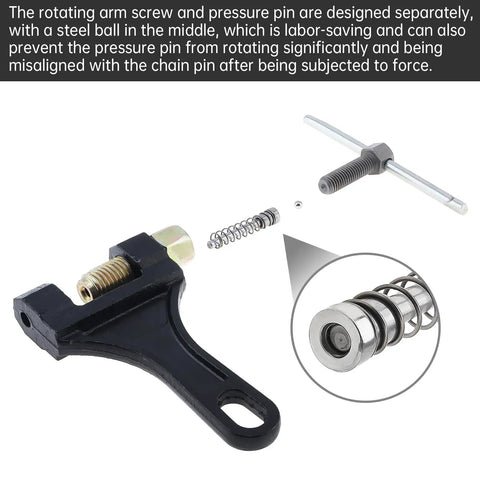 Chain Breaker Tool For 420 428 520 525 528 530 Chains with steel rotating arm and pressure pin details