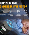 Upgraded Condenser Fan Motor 1/4 HP 1100 RPM 208 230V CW CCW with baby sleeping peacefully, highlighting quiet operation feature.